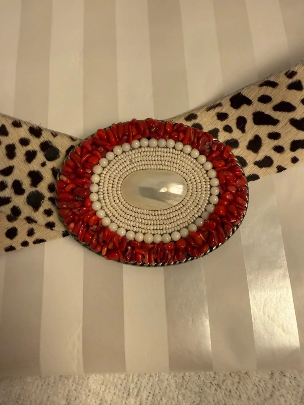 Platteppus Leopard Belt w/Hand Beaded Mother of Pearl & Bamboo Coral Buckle